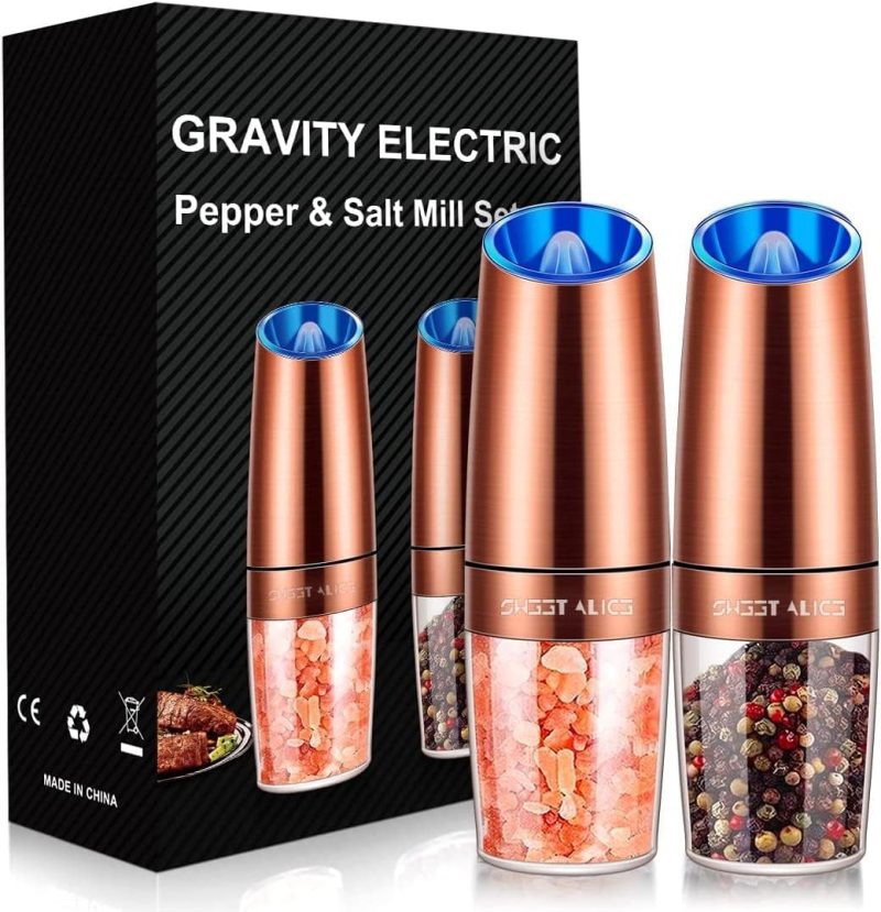 Automatic Electric Pepper and Salt Grinder Set - Battery Powered Mill with LED Light, Adjustable Coarseness, Stainless Steel Copper, 2-Pack