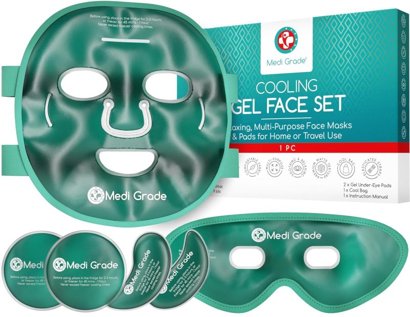 Cooling Gel Full Face Mask & Eye Mask for Puffy Eyes, Migraine, Sinus Relief - Reusable Cold Compress Therapy Pack, Blue