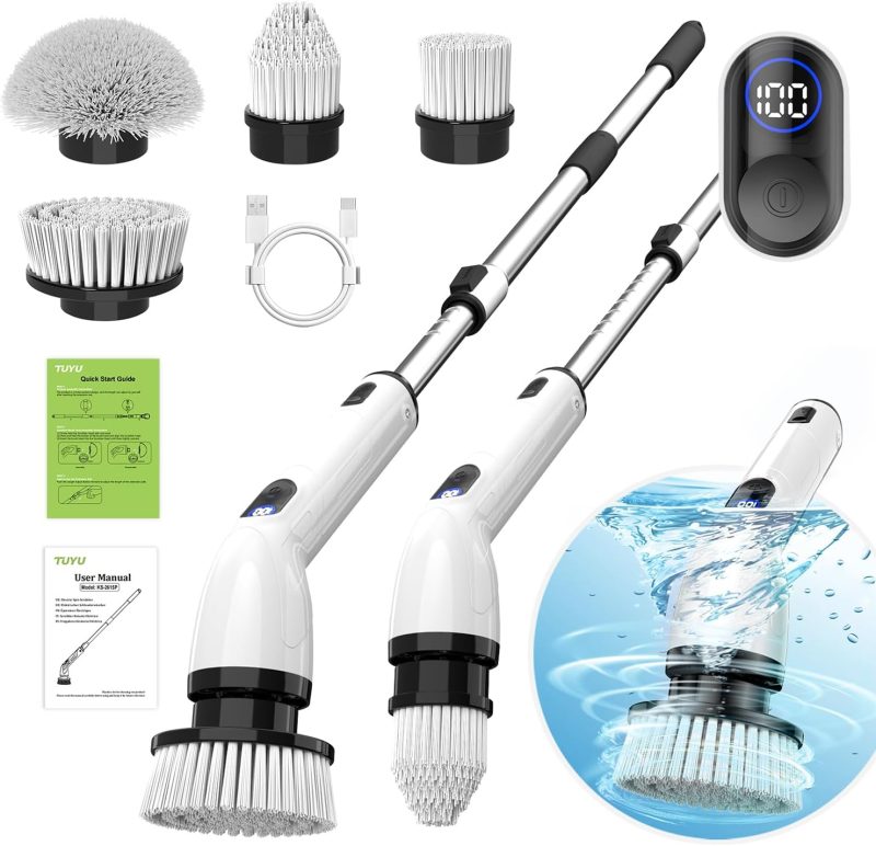 Electric Spin Scrubber, Waterproof Bathroom Cleaner with LCD Display, Adjustable Handle, Cordless Shower Cleaning Brush for Tub & Kitchen