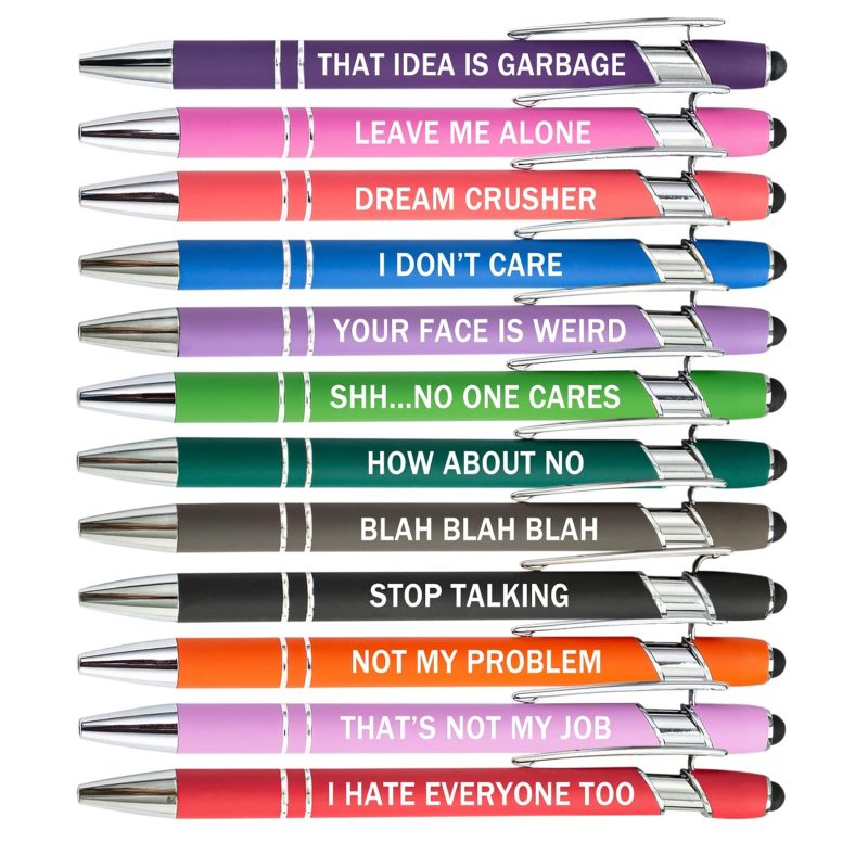 Funny Sarcastic Ballpoint Pens with Stylus Tip, 12-Pack Black Ink, Office & School Supplies, Assorted Colors, Touch Screen Compatible