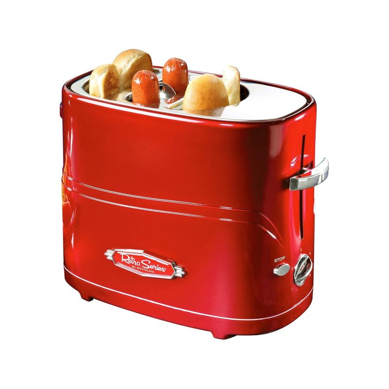 Hot Dog and Bun Toaster with Tongs, Retro Style, Red - Electric Sausage Cooker for Chicken, Turkey, Veggie Links, Brats