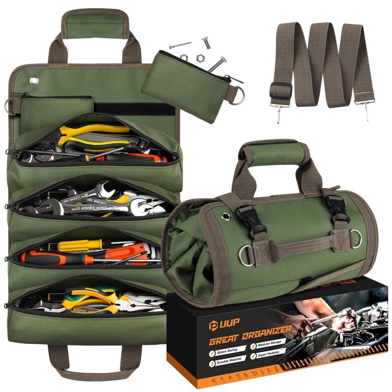 Tool Roll Up Bag, Heavy Duty Portable Foldable Tool Storage Organizer with 2 Small Pouches, Canvas Tool Pouch for Mechanics, Technicians, Carpenters